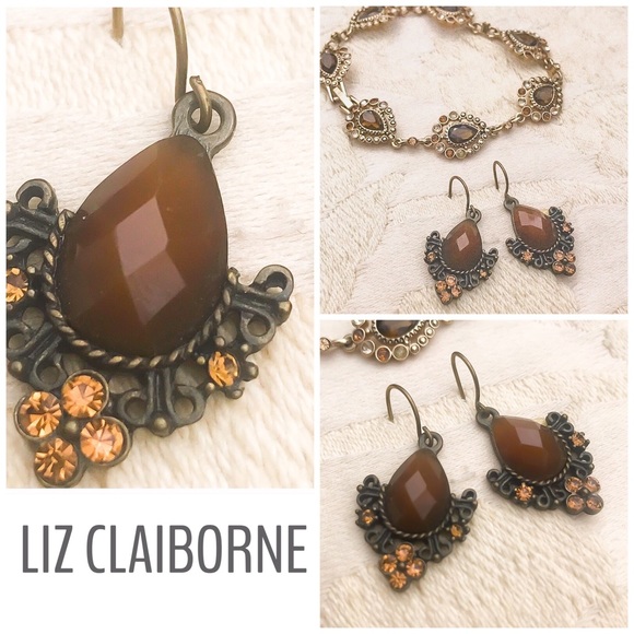 LIZ CLAIBORNE VIntage Brown Stone Earrings and Bracelet Set - Picture 1 of 9